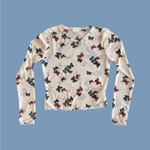 Altar’d State Women’s S Sheer Mesh Crop Top‎ Butterfly Blouse Lettuce Hem AOP